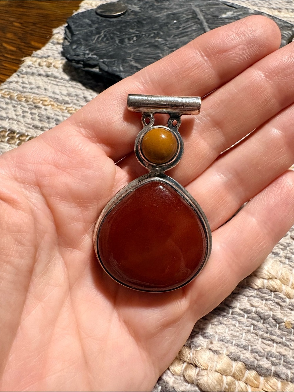 Sterling Silver Carnelian Drop Pendant with Jasper Accent Statement large bale